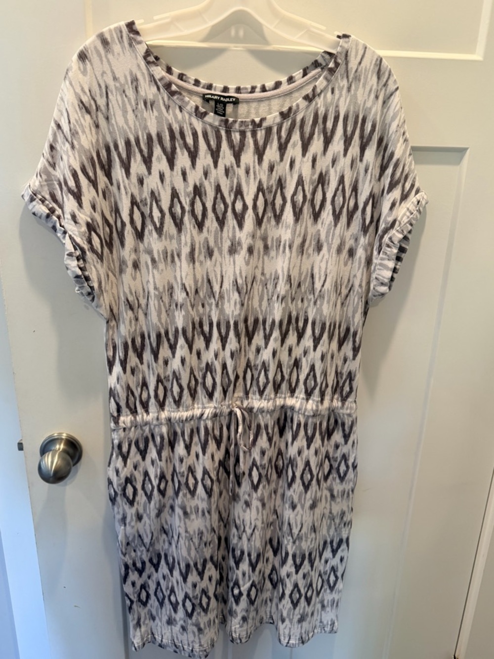 Hilary Radley Dress Large Gray Ikat Print Drawstring Waist Casual Knit